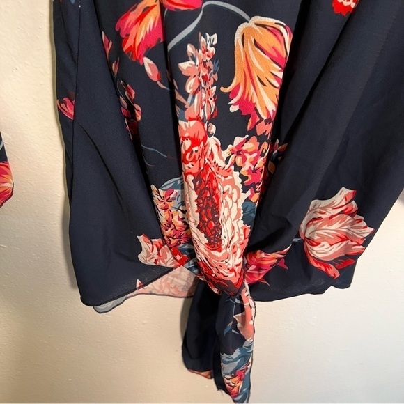 Off Shoulder Blouse Blue Red Floral Tie Front - Picture 8 of 13